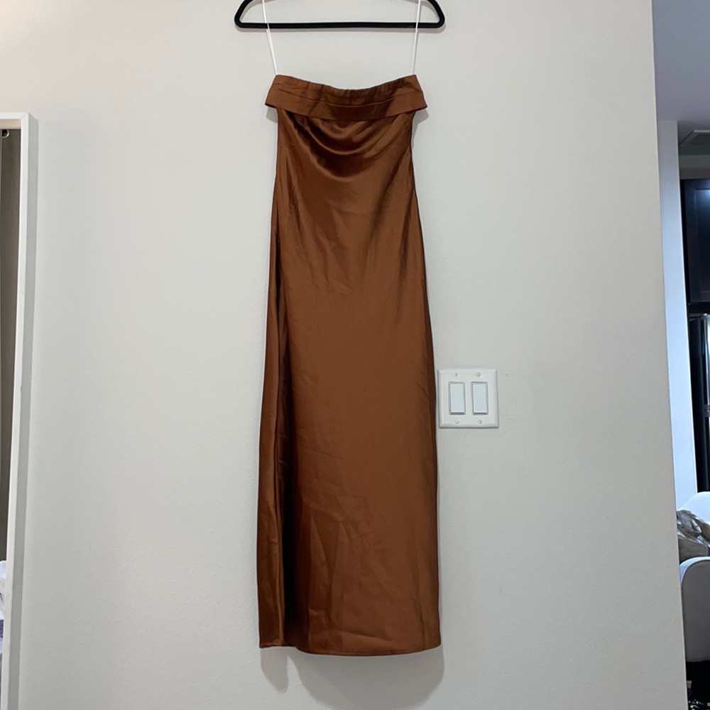 Hello Molly Run To The Top Satin Strapless Maxi Dress in BROWN SZ US 2